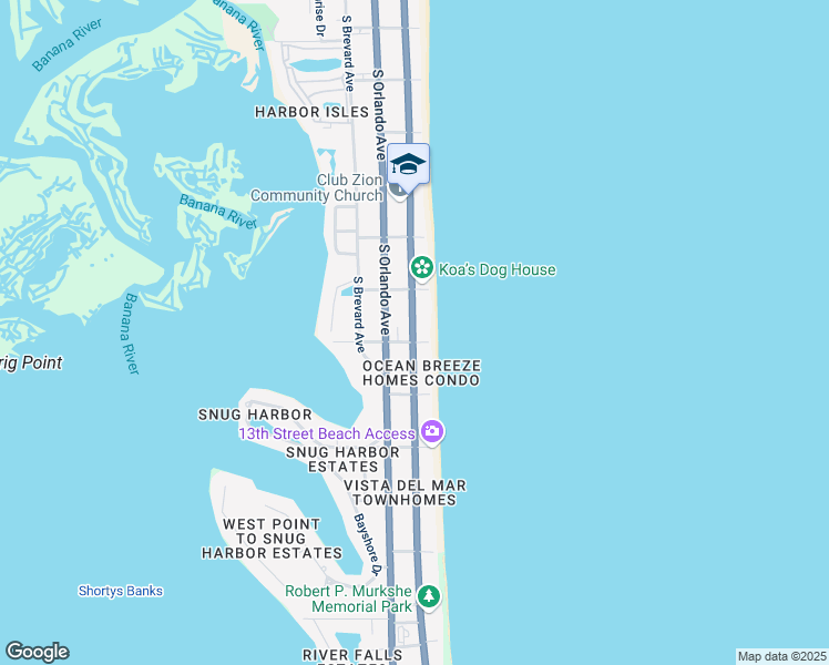 map of restaurants, bars, coffee shops, grocery stores, and more near 1081 Florida A1A in Cocoa Beach