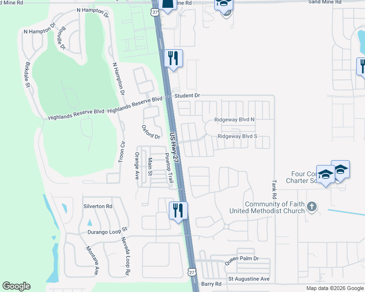 map of restaurants, bars, coffee shops, grocery stores, and more near 111 Seminole Ridge Lane in Davenport