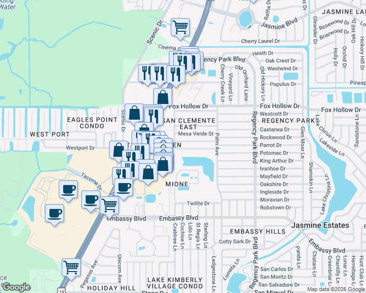 map of restaurants, bars, coffee shops, grocery stores, and more near 6741 El Camino Paloma Avenue in Port Richey