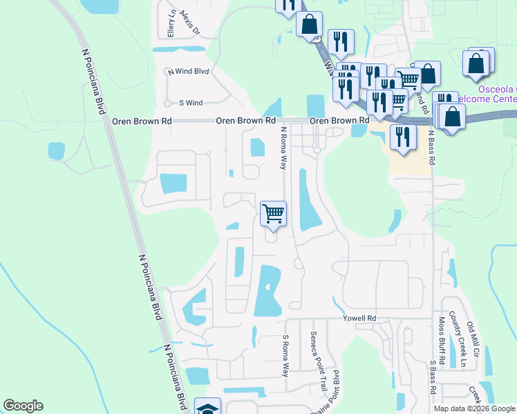 map of restaurants, bars, coffee shops, grocery stores, and more near 1001 Park Ridge Circle in Kissimmee
