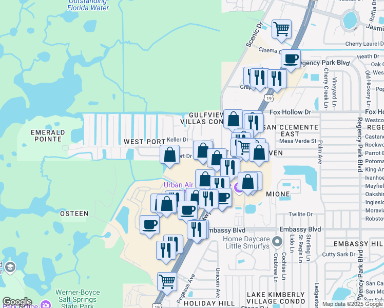 map of restaurants, bars, coffee shops, grocery stores, and more near 6515 Pocono Street in Port Richey