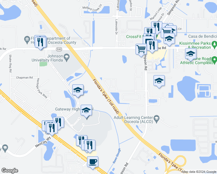 map of restaurants, bars, coffee shops, grocery stores, and more near 991 Country Circle in Kissimmee