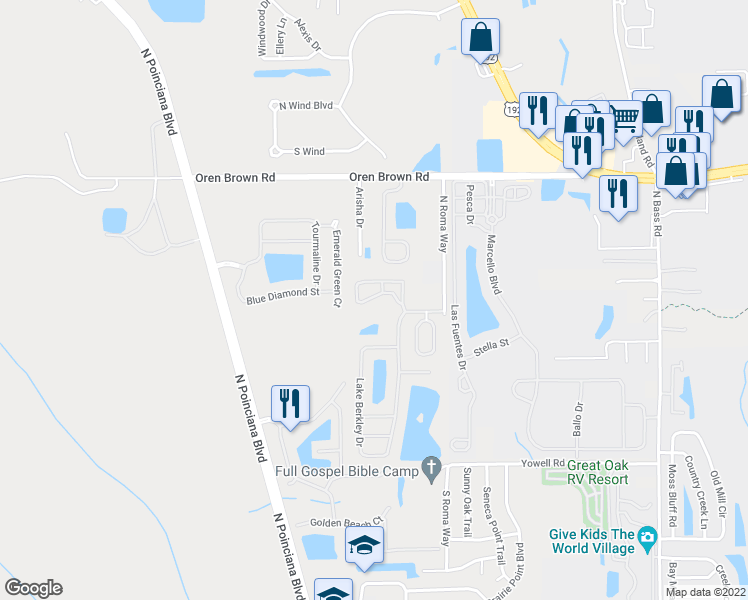 map of restaurants, bars, coffee shops, grocery stores, and more near 1119 Park Ridge Circle in Kissimmee