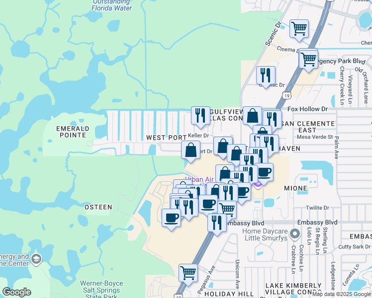 map of restaurants, bars, coffee shops, grocery stores, and more near 6220 Westport Drive in Port Richey