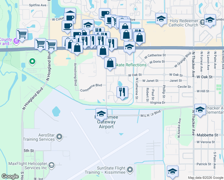 map of restaurants, bars, coffee shops, grocery stores, and more near 801 Green Heron Court in Kissimmee