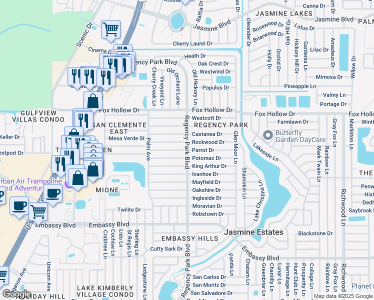 map of restaurants, bars, coffee shops, grocery stores, and more near 7199 Parrot Drive in Port Richey