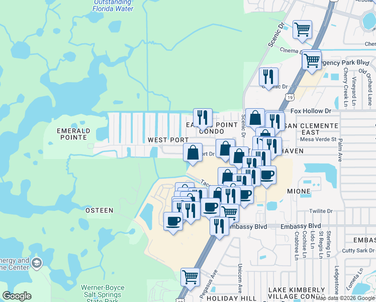 map of restaurants, bars, coffee shops, grocery stores, and more near 6205 Westport Drive in Port Richey