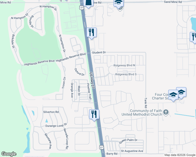 map of restaurants, bars, coffee shops, grocery stores, and more near 111 Seminole Ridge Lane in Davenport