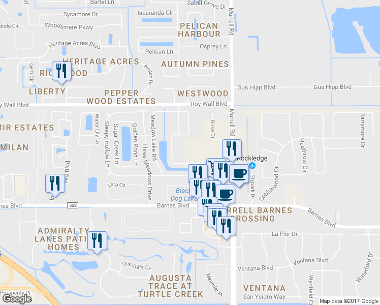 map of restaurants, bars, coffee shops, grocery stores, and more near 3600 Murrell Road in Rockledge