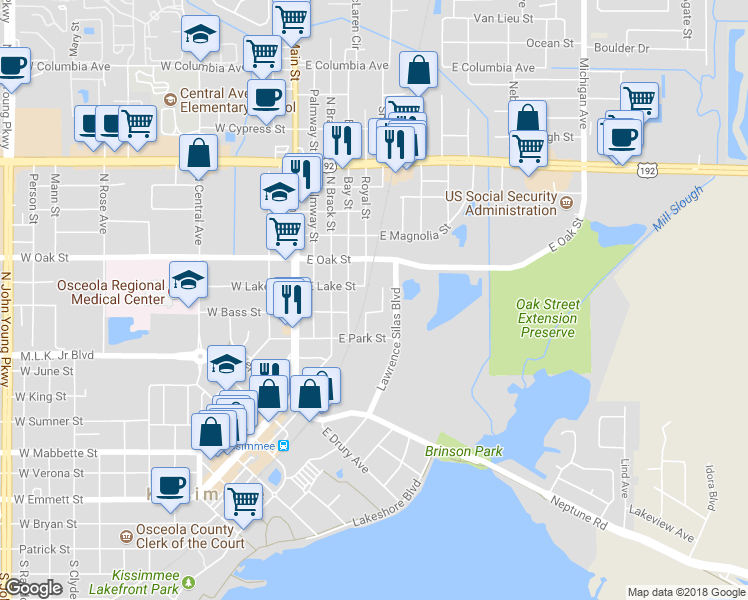 map of restaurants, bars, coffee shops, grocery stores, and more near 405 East Bass Street in Kissimmee