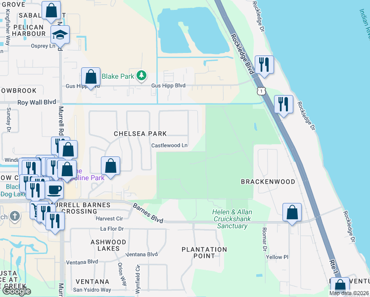 map of restaurants, bars, coffee shops, grocery stores, and more near 338 Castlewood Lane in Rockledge