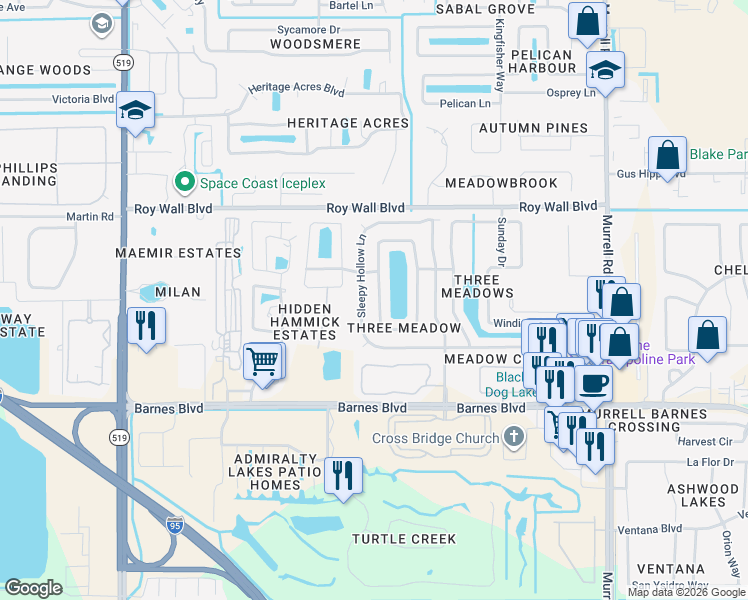 map of restaurants, bars, coffee shops, grocery stores, and more near 1226 Sugar Creek Lane in Rockledge