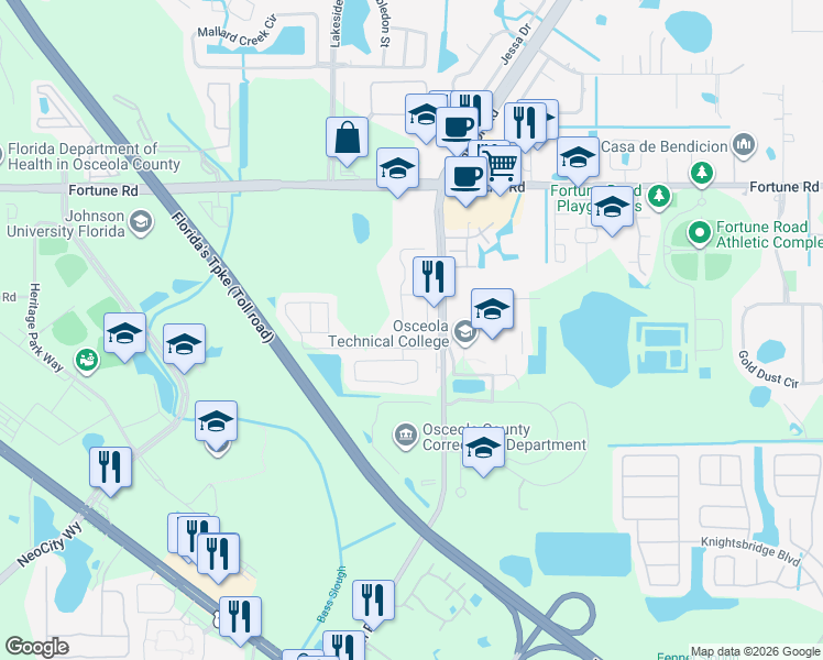 map of restaurants, bars, coffee shops, grocery stores, and more near 802 Country Crossing Court in Kissimmee