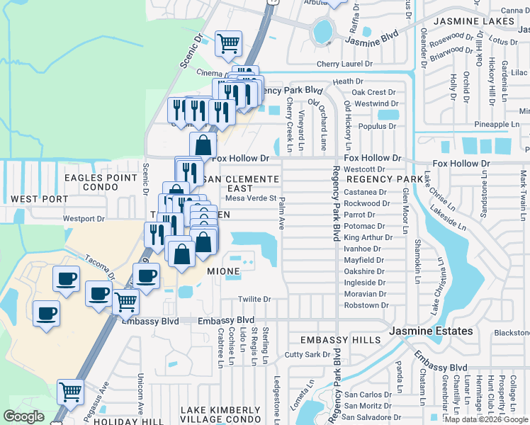 map of restaurants, bars, coffee shops, grocery stores, and more near 6931 El Camino Paloma Avenue in Port Richey