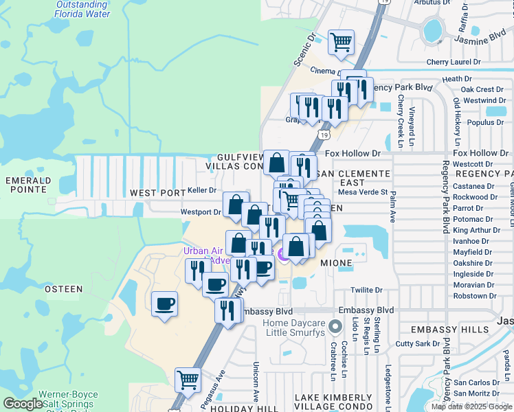 map of restaurants, bars, coffee shops, grocery stores, and more near 9721 U.S. 19 in Port Richey