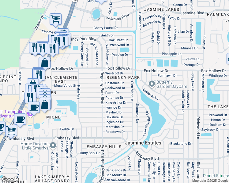 map of restaurants, bars, coffee shops, grocery stores, and more near 7320 Parrot Drive in Port Richey