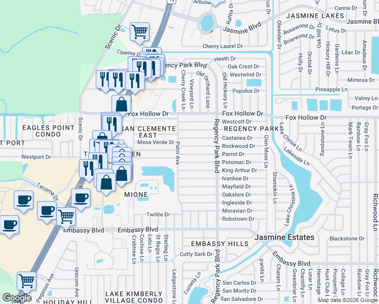 map of restaurants, bars, coffee shops, grocery stores, and more near 7025 Parrot Drive in Port Richey