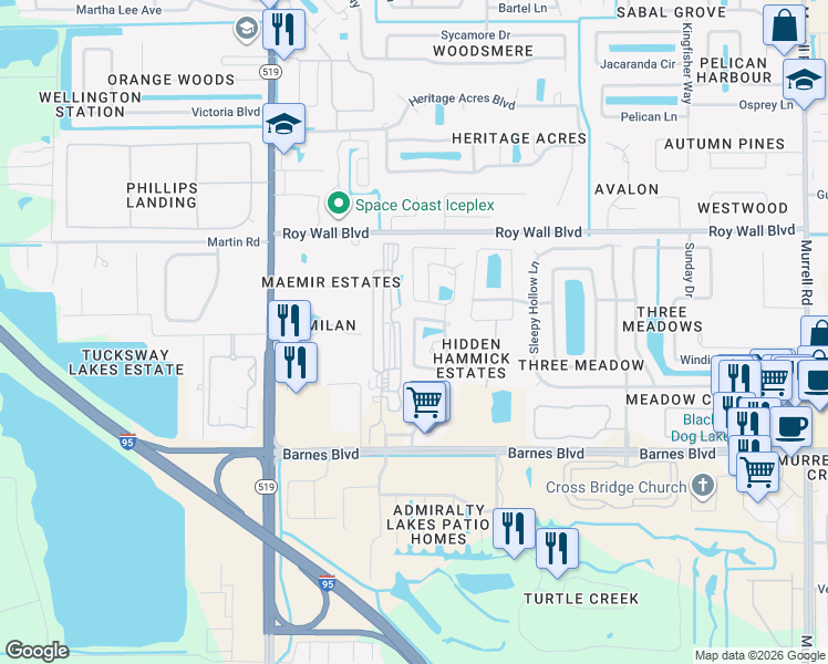 map of restaurants, bars, coffee shops, grocery stores, and more near 1380 Pheasant Run in Rockledge