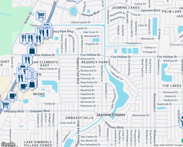 map of restaurants, bars, coffee shops, grocery stores, and more near 7320 Parrot Drive in Port Richey