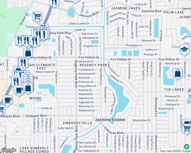 map of restaurants, bars, coffee shops, grocery stores, and more near 7414 Parrot Drive in Port Richey