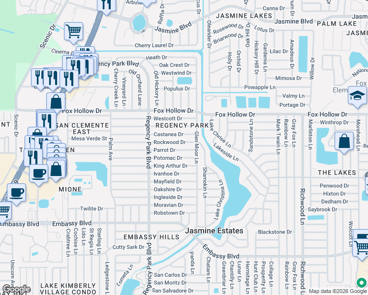 map of restaurants, bars, coffee shops, grocery stores, and more near 7414 Parrot Drive in Port Richey