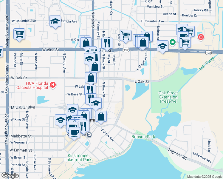map of restaurants, bars, coffee shops, grocery stores, and more near 405 East Bass Street in Kissimmee
