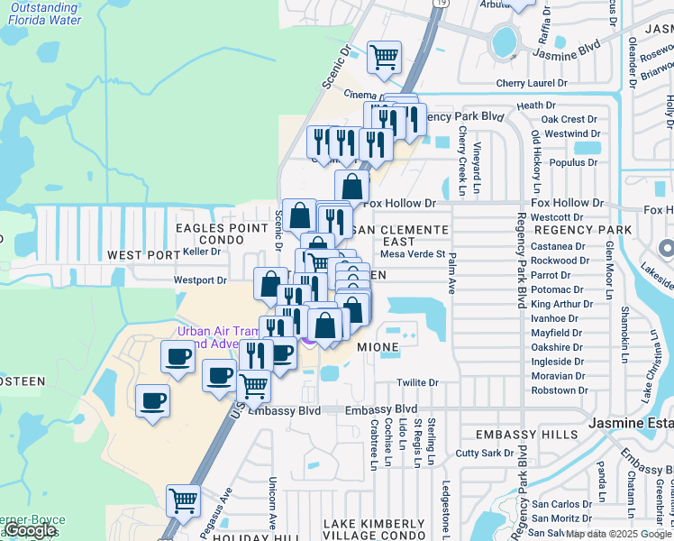 map of restaurants, bars, coffee shops, grocery stores, and more near 6705 Stock Street in Port Richey