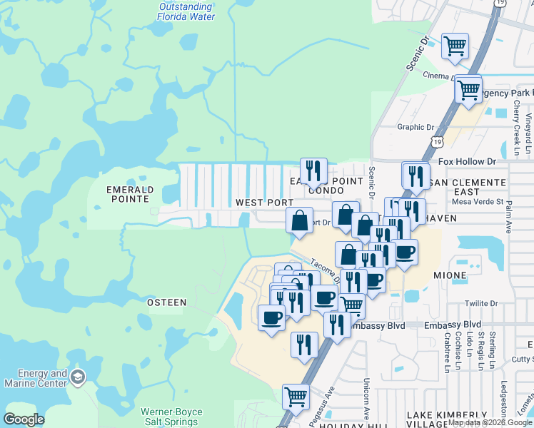map of restaurants, bars, coffee shops, grocery stores, and more near 6104 Seabreeze Drive in Port Richey
