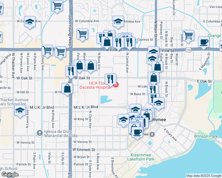 map of restaurants, bars, coffee shops, grocery stores, and more near 700 West Oak Street in Kissimmee