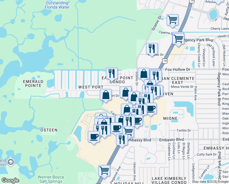 map of restaurants, bars, coffee shops, grocery stores, and more near 6300 Seabreeze Drive in Port Richey