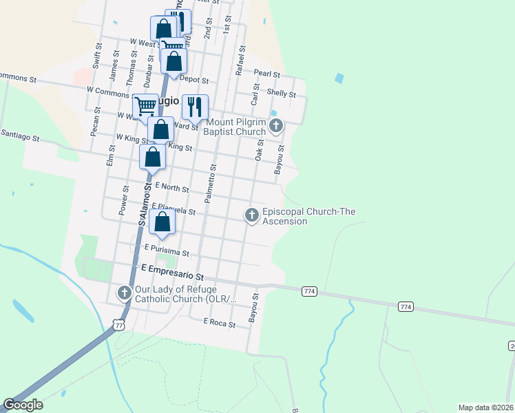 map of restaurants, bars, coffee shops, grocery stores, and more near 507 Oak Street in Refugio