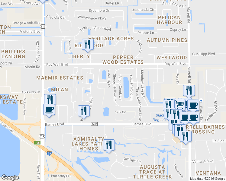 map of restaurants, bars, coffee shops, grocery stores, and more near 1249 Sleepy Hollow Lane in Rockledge