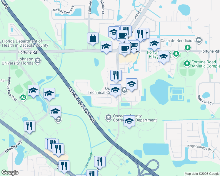map of restaurants, bars, coffee shops, grocery stores, and more near 802 Country Crossing Court in Kissimmee