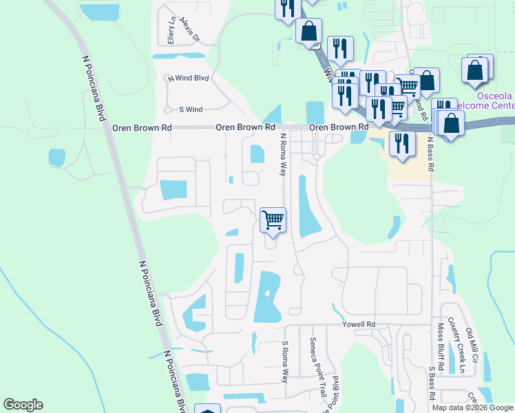 map of restaurants, bars, coffee shops, grocery stores, and more near 1001 Park Ridge Circle in Kissimmee