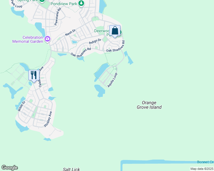 map of restaurants, bars, coffee shops, grocery stores, and more near 1239 Aquila Loop in Celebration