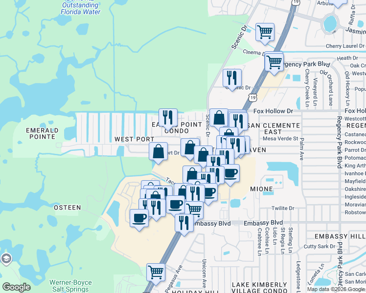 map of restaurants, bars, coffee shops, grocery stores, and more near 6314 Westport Drive in Port Richey