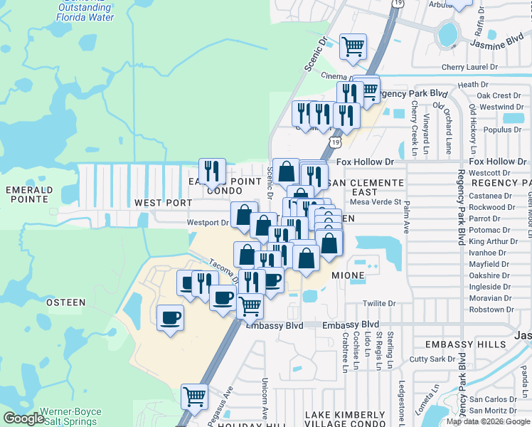 map of restaurants, bars, coffee shops, grocery stores, and more near 9721 U.S. 19 in Port Richey