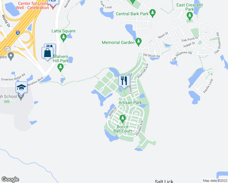 map of restaurants, bars, coffee shops, grocery stores, and more near 1200 Ironsmith Drive in Celebration