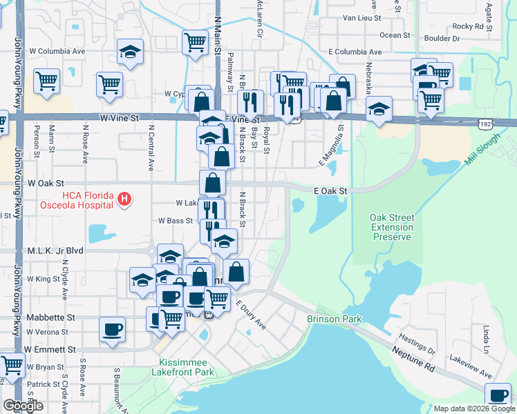map of restaurants, bars, coffee shops, grocery stores, and more near 405 East Bass Street in Kissimmee