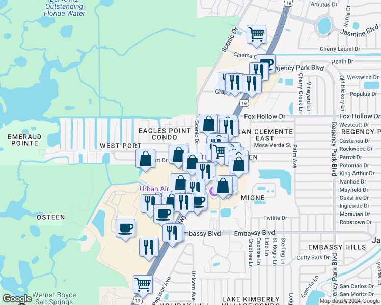 map of restaurants, bars, coffee shops, grocery stores, and more near 9735 Lehigh Drive in Port Richey