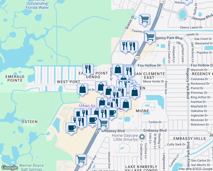 map of restaurants, bars, coffee shops, grocery stores, and more near 9735 Lehigh Drive in Port Richey