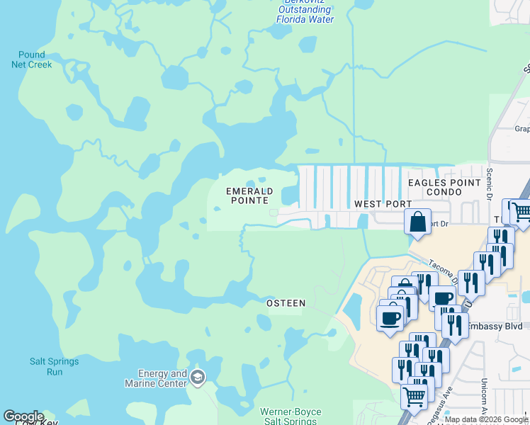 map of restaurants, bars, coffee shops, grocery stores, and more near 5640 Emerald Pointe Circle in Port Richey