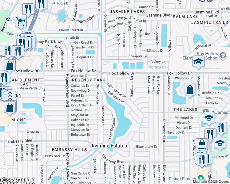 map of restaurants, bars, coffee shops, grocery stores, and more near 9813 Lake Chrise Lane in Port Richey