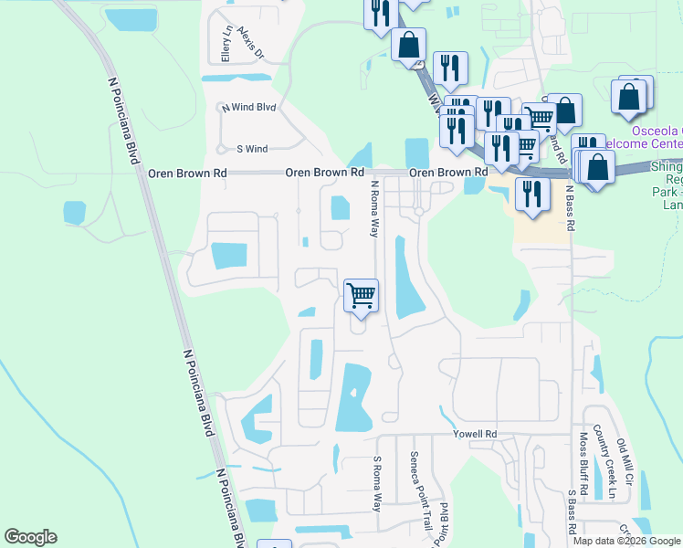 map of restaurants, bars, coffee shops, grocery stores, and more near 1001 Park Ridge Circle in Kissimmee
