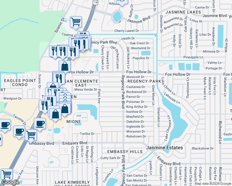 map of restaurants, bars, coffee shops, grocery stores, and more near 7120 Rockwood Drive in Port Richey