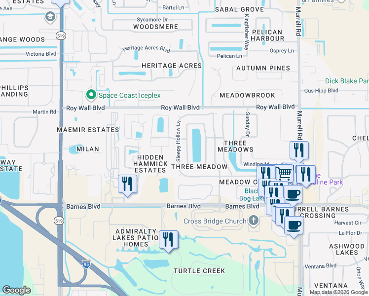 map of restaurants, bars, coffee shops, grocery stores, and more near 1226 Sugar Creek Lane in Rockledge