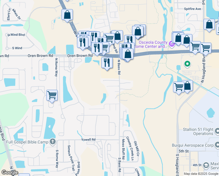 map of restaurants, bars, coffee shops, grocery stores, and more near 750 North Bass Road in Kissimmee