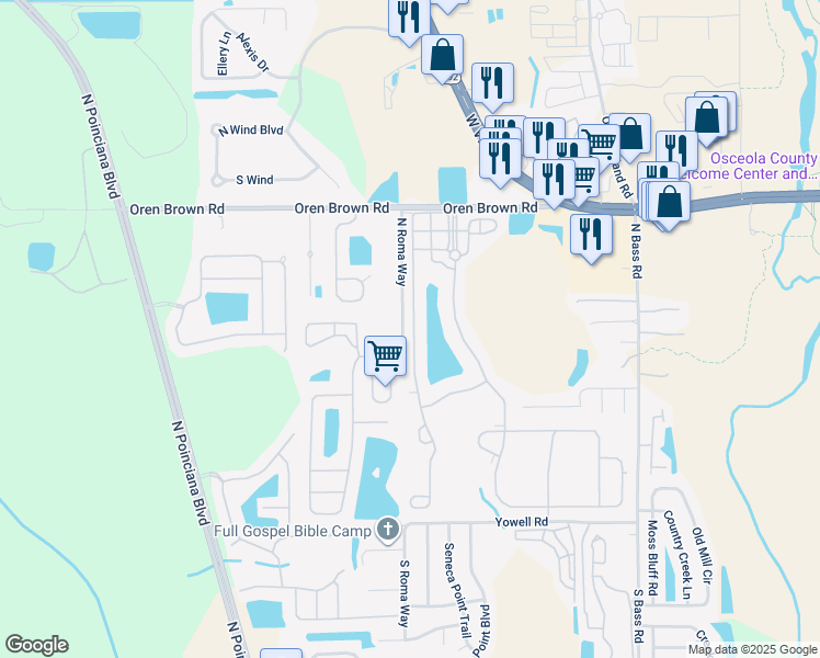map of restaurants, bars, coffee shops, grocery stores, and more near 610 Las Fuentes Drive in Kissimmee