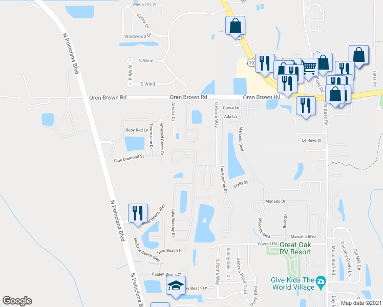 map of restaurants, bars, coffee shops, grocery stores, and more near 1001 Park Ridge Circle in Kissimmee