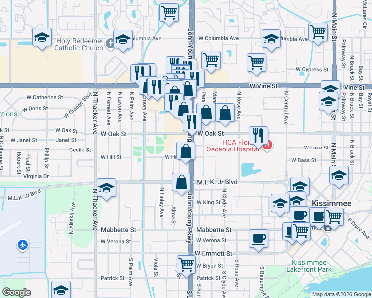 map of restaurants, bars, coffee shops, grocery stores, and more near 721 Lee Street in Kissimmee